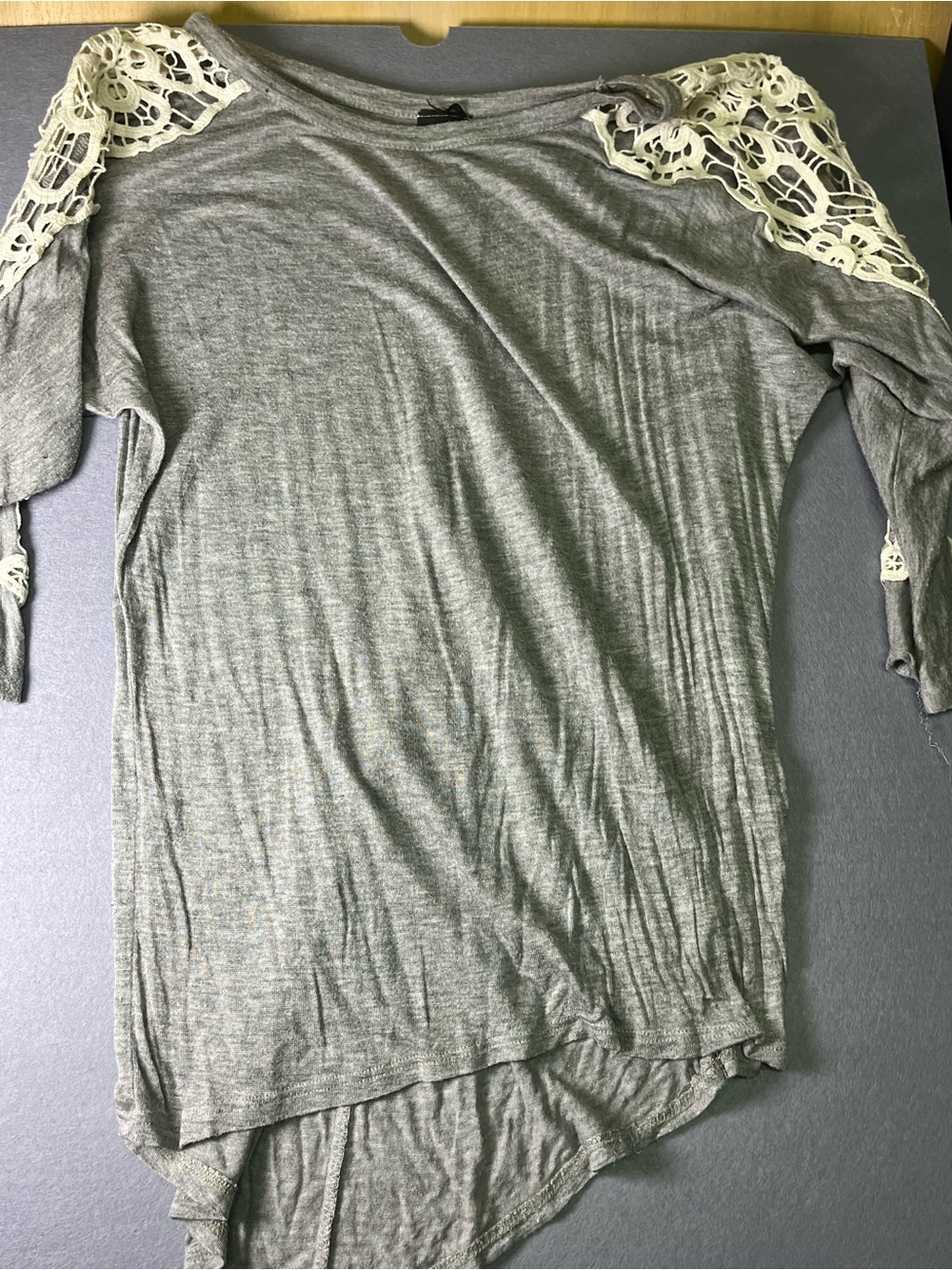 Gray Tunic with Cream Lace Shoulder Panels